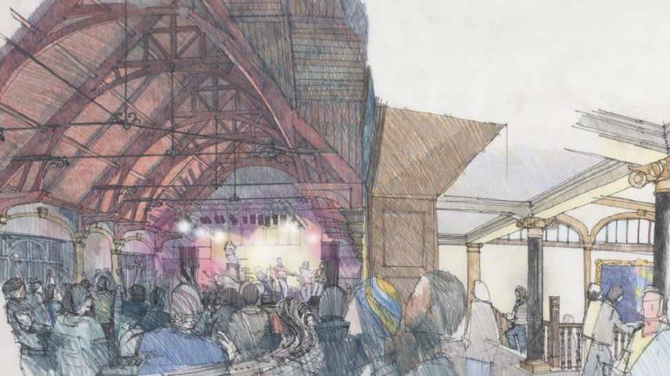 Artists' impression of the town hall showing people enjoying a concert