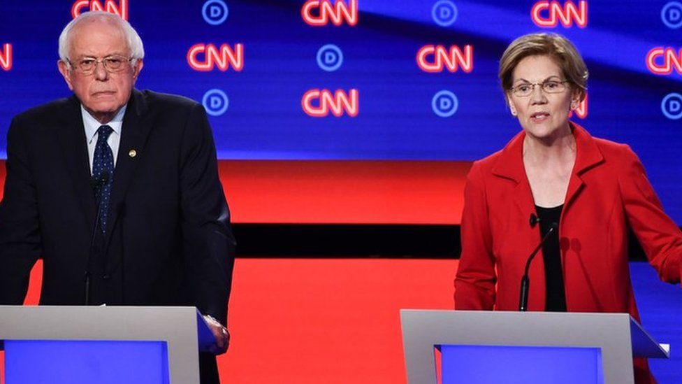 Bernie Sanders and Elizabeth Warren pictured at a debate