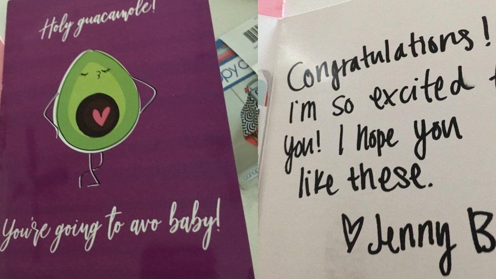 A card saying 'Holy guacamole, you're going to avo baby' next to a note saying 'Congratulations! I'm so excited for you! I hope you like these' signed by Jenny B