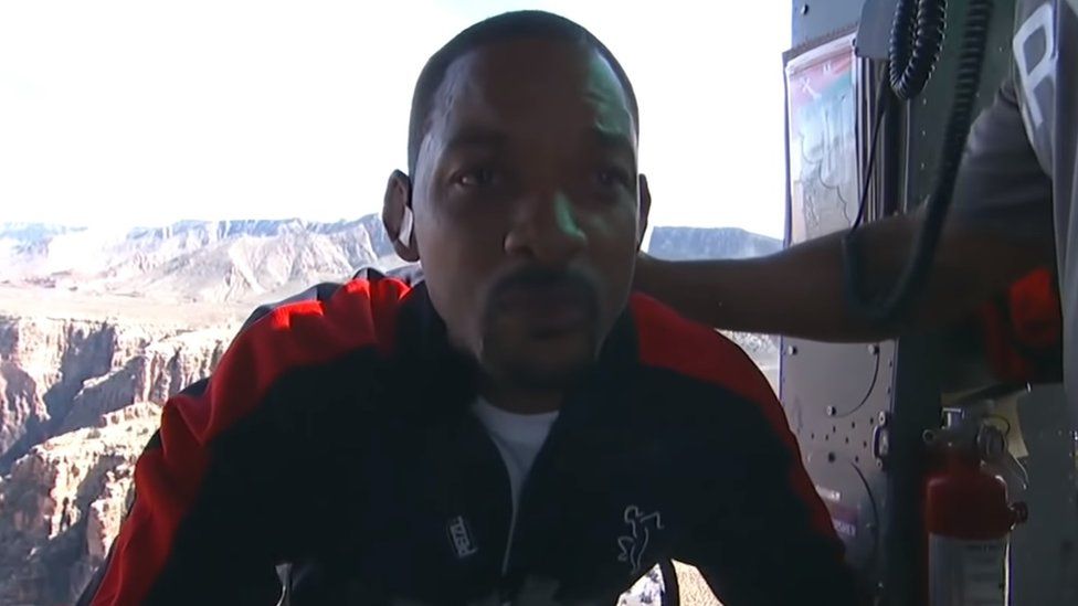 Will Smith just before he is about to bungee jump out of the helicopter