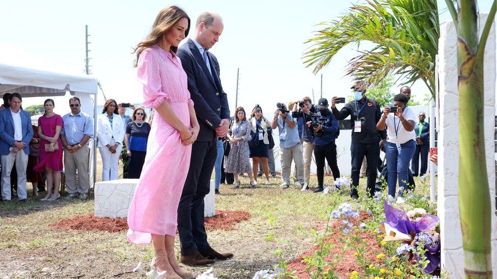 The Duke and Duchess of Cambridge visit a memorial wall to the victims of Hurricane Dorian in 2019 on the Abaco Islands