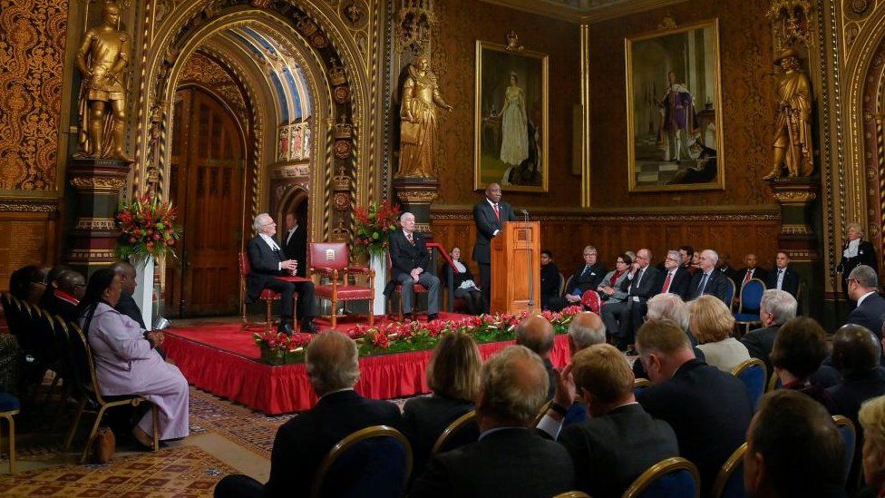 South African President Cyril Ramaphosa speaks at the Houses of Parliament during a state visit, in London