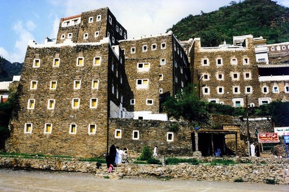 Fortress architecture in the village of Rijal Al-Ma’, reaches by cable car from the mountain top