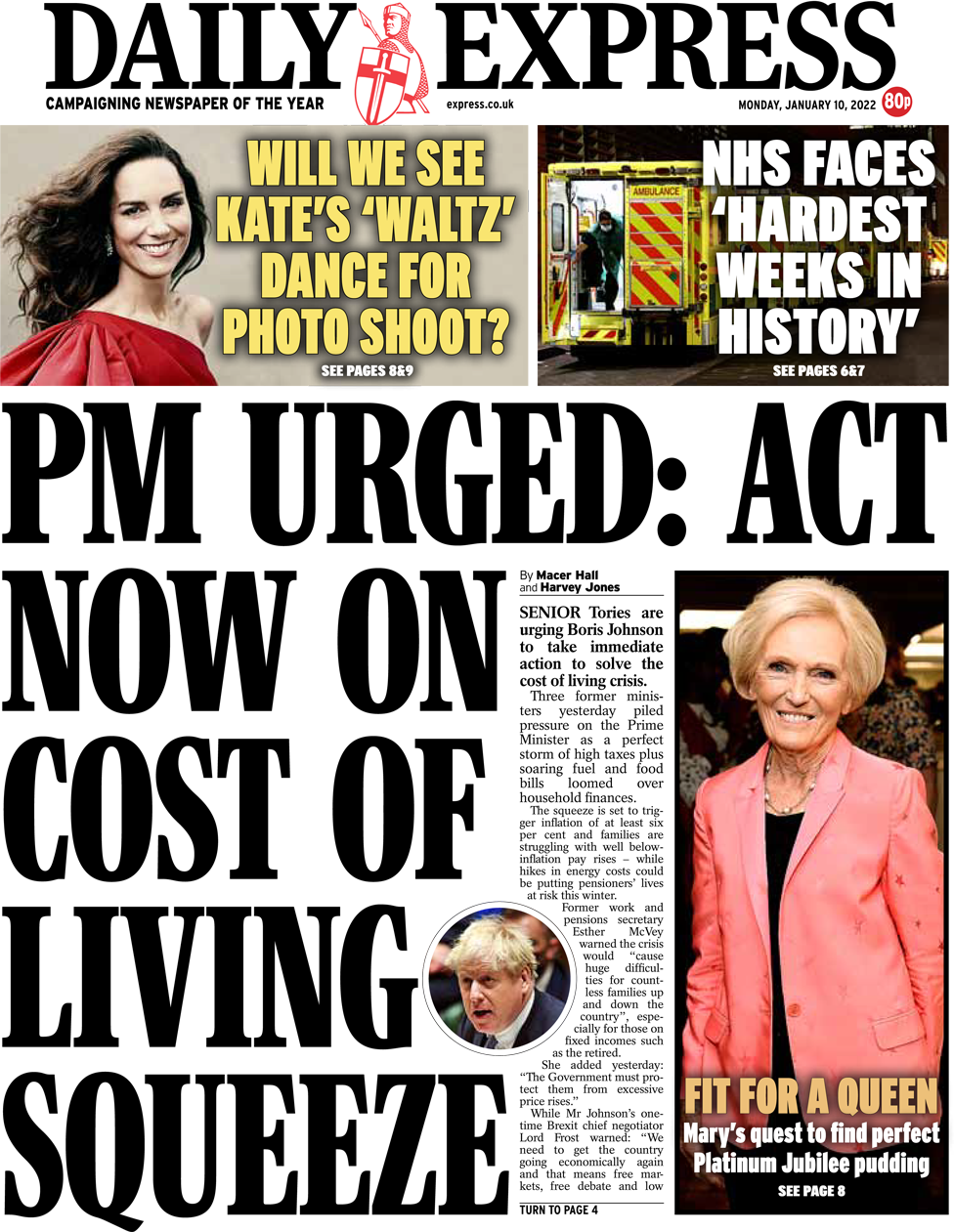 The Daily Express front page 10 January 2022