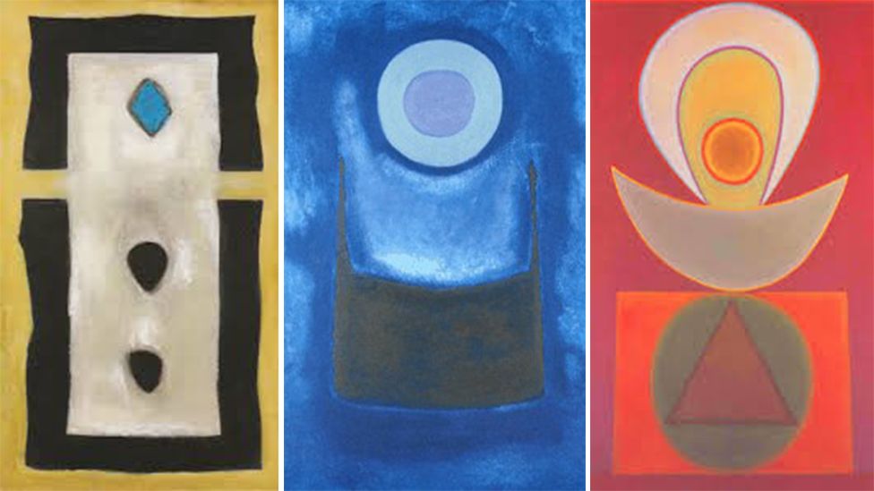 A composite image of three Benjamin Creme paintings