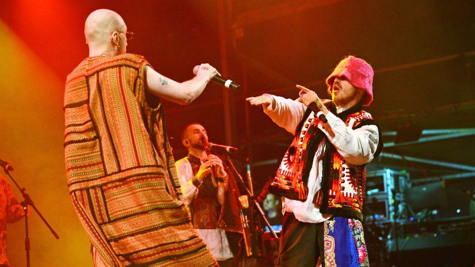 Eurovision winners The Kalush Orchestra from Ukraine perform on the Truth stage during day three of Glastonbury Festival