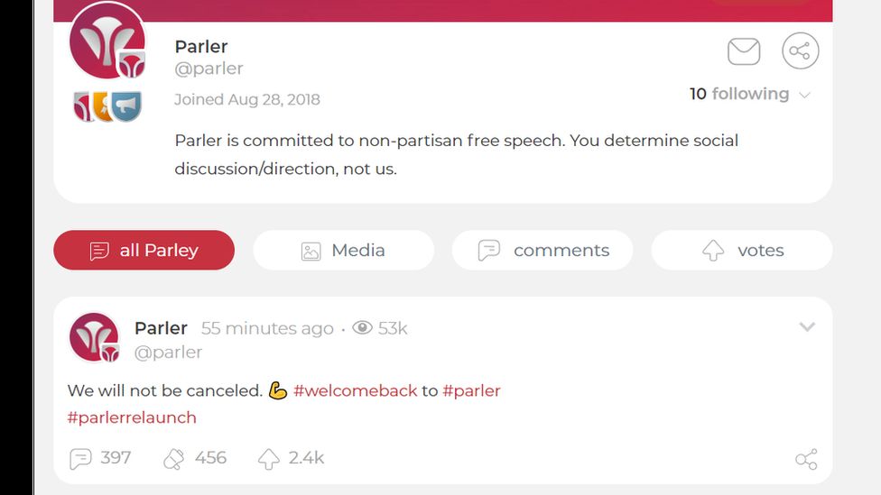The Parler app's own first post on the new platform reads: "We will not be cancelled. Welcome back to Parler"