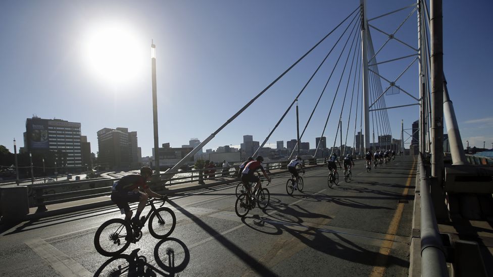 Cyclists seen in Johannesburg riding over the Mandela Bridge in Johannesburg, South Africa - Sunday 17 November 2019