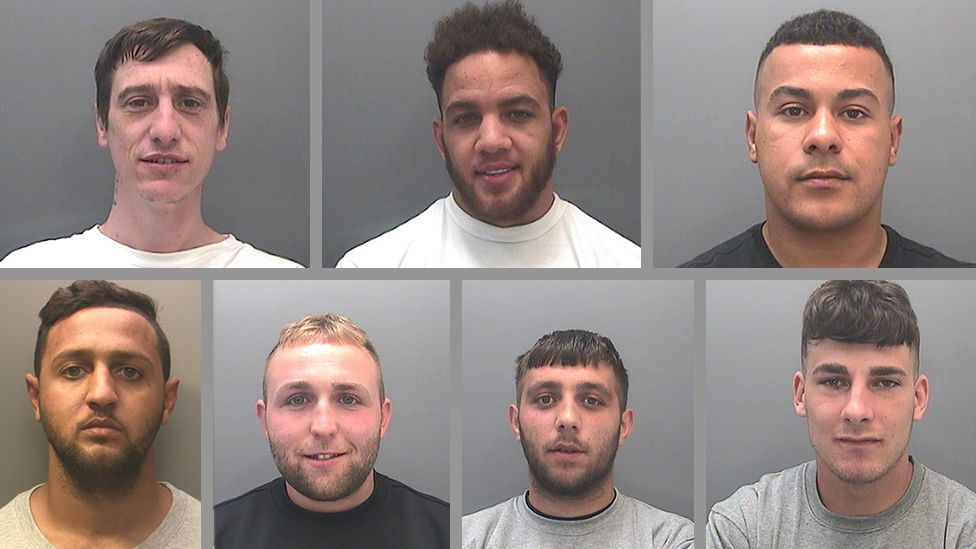 Headshots of an arrested gang of seven men