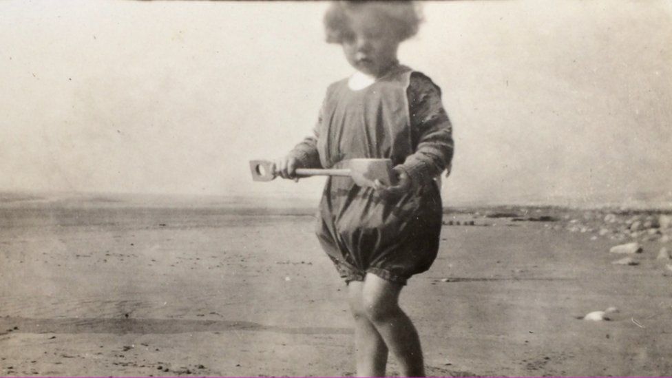 Joyce Currie aged 2, in 1927, on Fairbourne beach