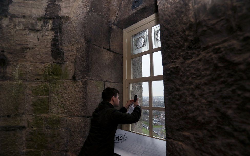 The view through one of the windows at the top of the tower
