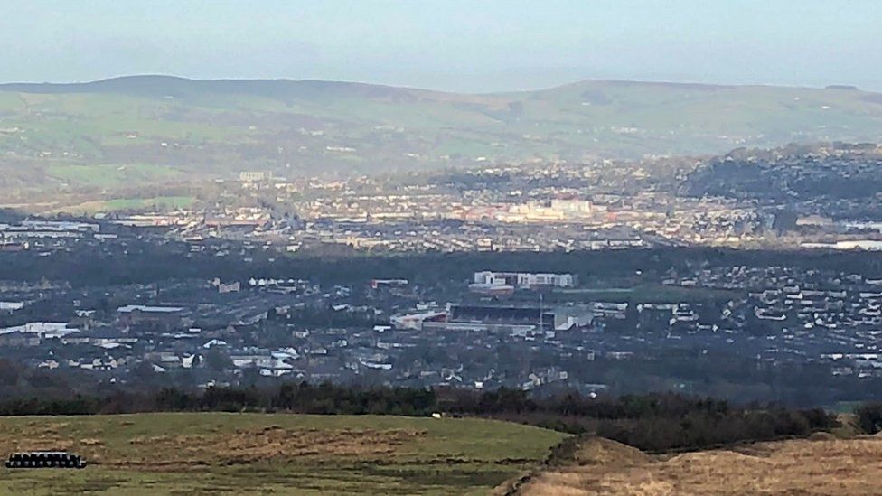 Burnley town centre, with Pendle Hill in the background