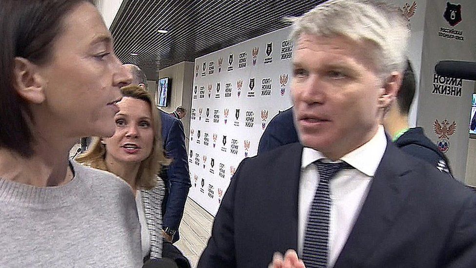 Russian Sports Minister Pavel Kolobkov being questioned by BBC's Sarah Rainsford