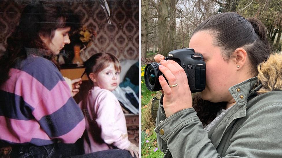 Rhiannon with her mother (left) and using her camera (right)
