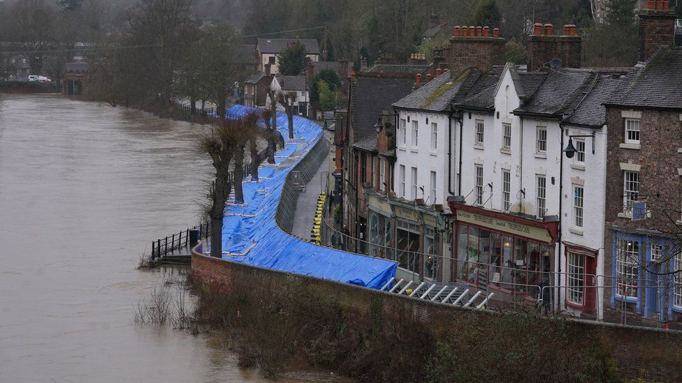 Flood barriers are along the River Severn in Ironbridge, Shropshire