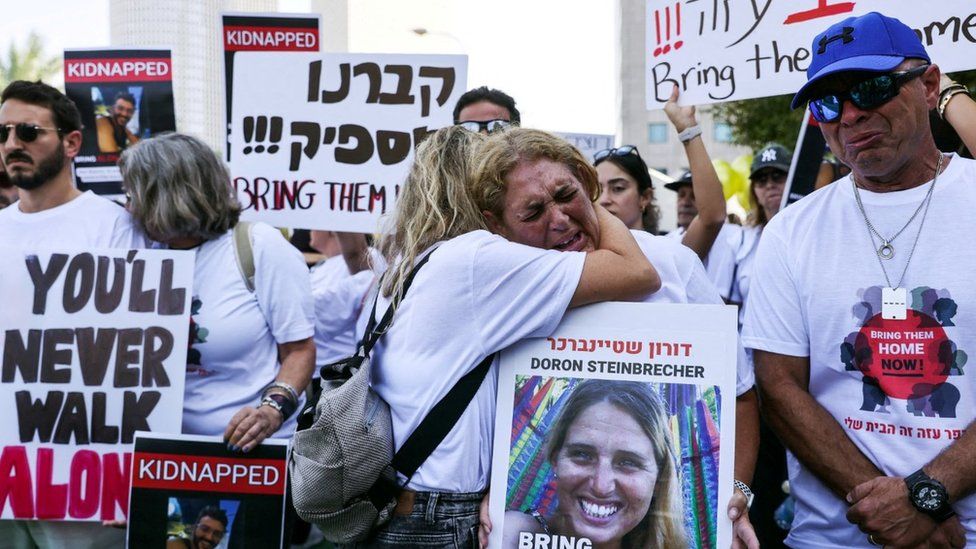 Families and friends of Israeli hostages held by Hamas attend a protest calling for their release, in Tel Aviv, Israel (26 October 2023)