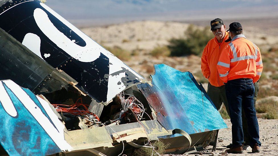 Wreckage of the Virgin Galactic SpaceShip 2 in a desert field November 2, 2014