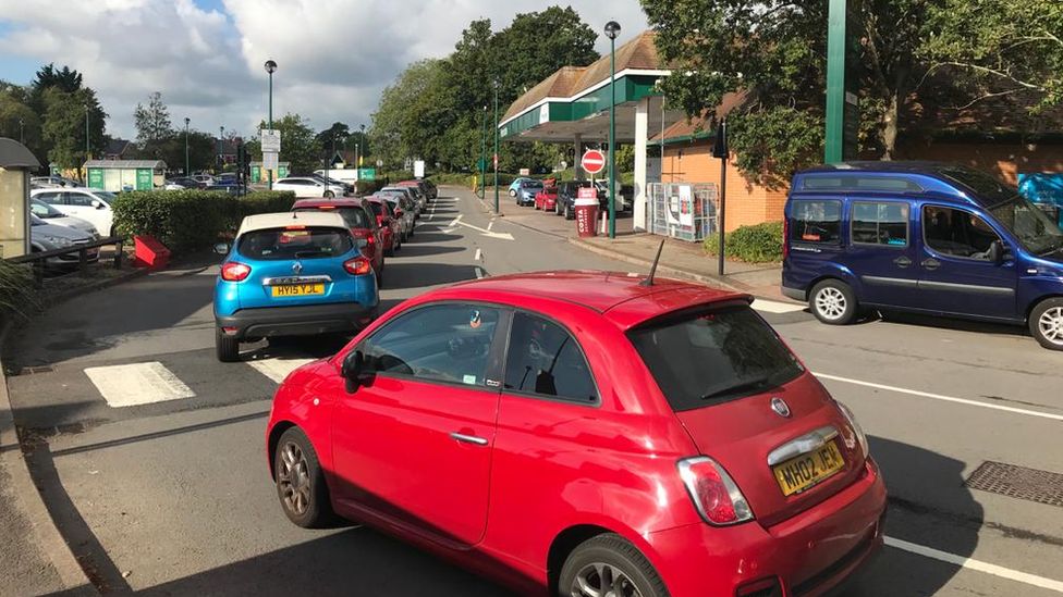 Cars queuing for petrol in Cardiff