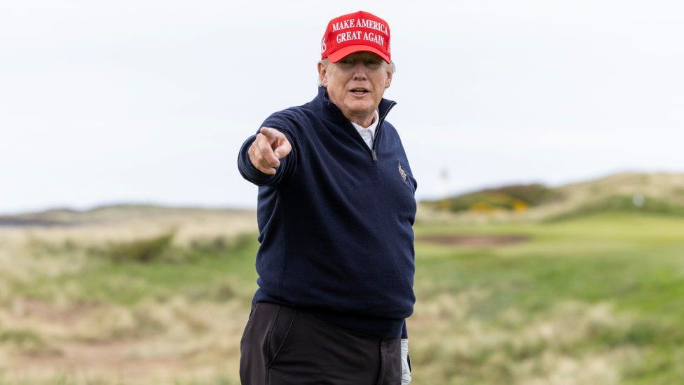 President Donald Trump gestures during a circular  of play  astatine  his Turnberry people   connected  May 2, 2023 successful  Turnberry, Scotland