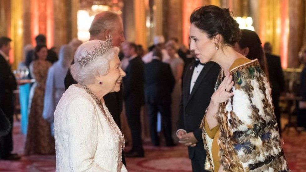 Queen Elizabeth II greets Jacinda Ardern, Prime Minister of New Zealand in the Blue Drawing Room at The Queen's Dinner during the Commonwealth Heads of Government Meeting (CHOGM) at Buckingham Palace on 19 April 2018 in London, England