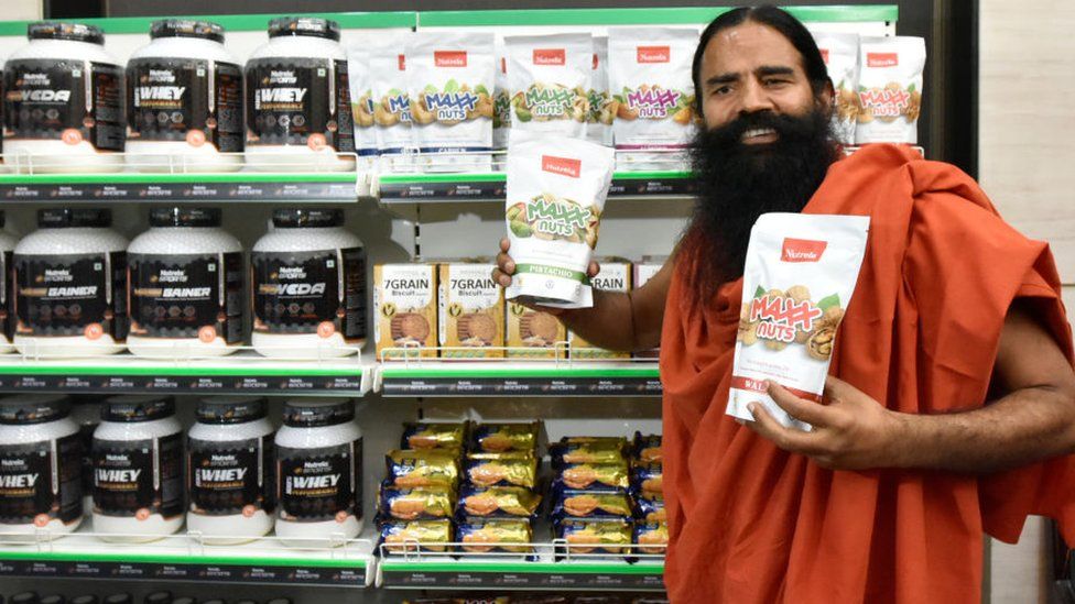 Yoga Guru Baba Ramdev during the launch of Patanjali premium products at Constitution Club of India, on June 16, 2023 in New Delhi, India. The products includes Nutrela Max Millets Ragi Biscuits, Ragi Choco Cereals, dry fruits like cashews, almonds, pistachios, walnuts, protein powder for bodybuilders and mass gainers, 14 core products by Patanjali and Nutrela brand.