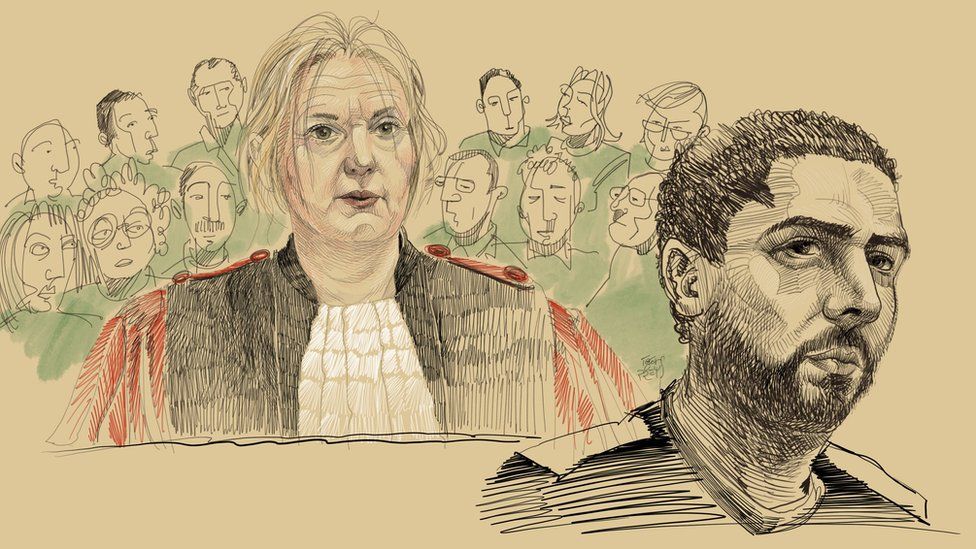 This drawing by Igor Preys shows Chairwoman of the court Laurence Massart and the accused Mehdi Nemmouche during the session of the announce of the culpability verdict
