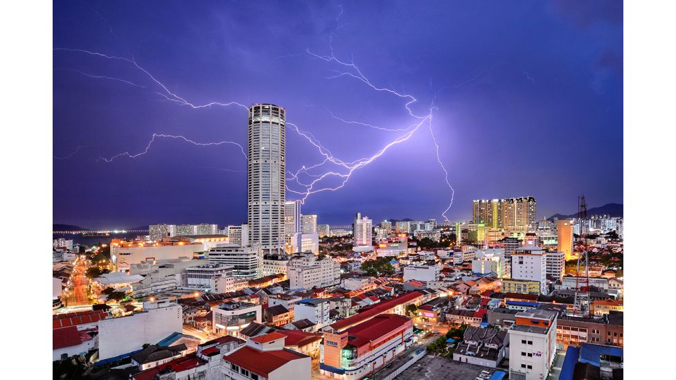 Thunderstorm in George Town, the capital of Penang state in Malaysia,