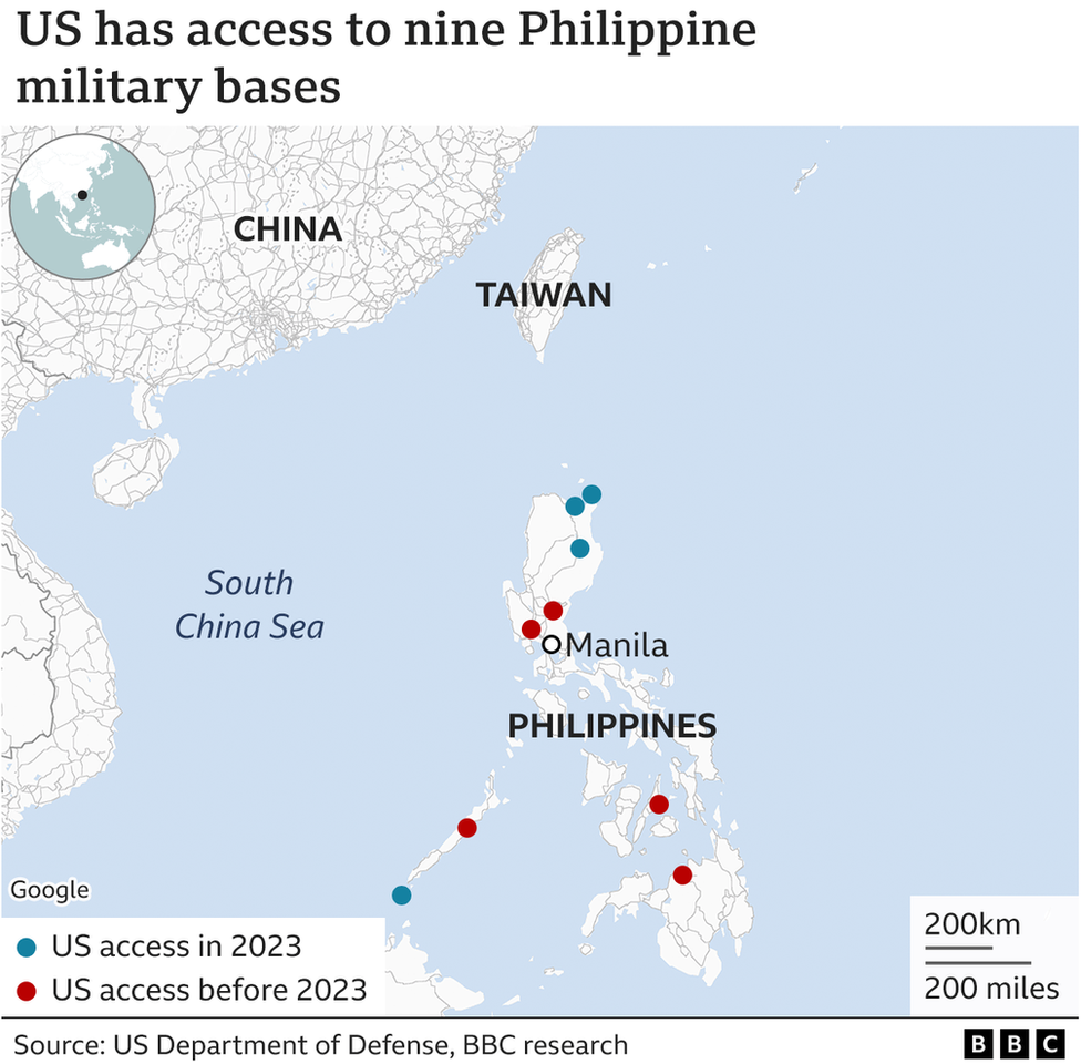 Maps showing Philippine bases the US has access to
