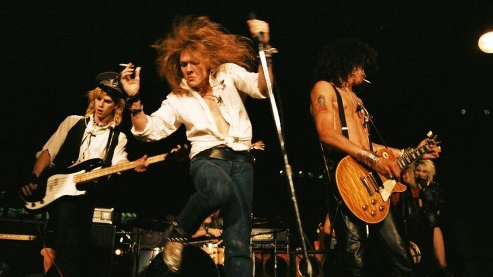 Guns'N'Roses perform at the 8th Annual Los Angeles Street Scene, in September 1985.