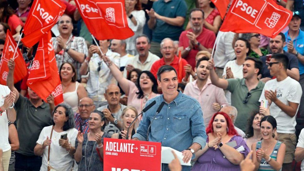 Spanish prime minister and candidate of the Spanish Socialist Party (PSOE), Pedro Sanchez, smiles as he delivers a speech during the campaign closing rally in Getafe, outskirts of Madrid