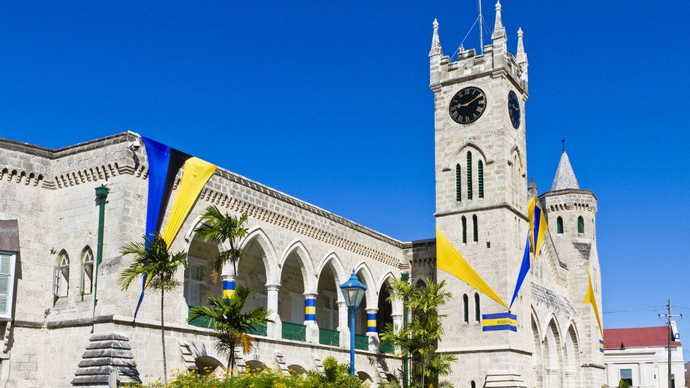 Parliament Buildings in Bridgetown, in Barbados colours to mark independence day