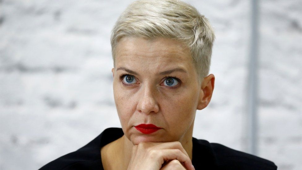 Maria Kolesnikova at a news conference in Belarus