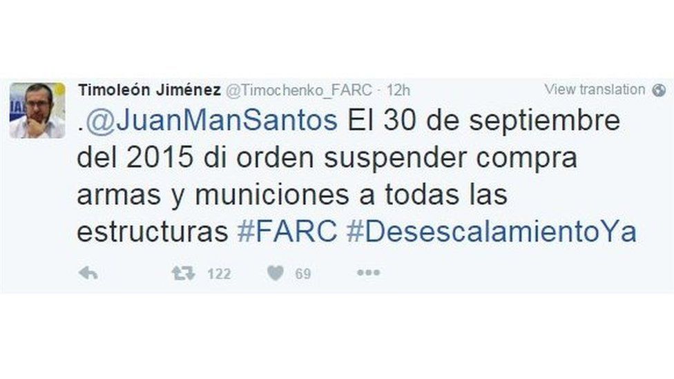 Twitter by Timochenko to Juan Manuel Santos