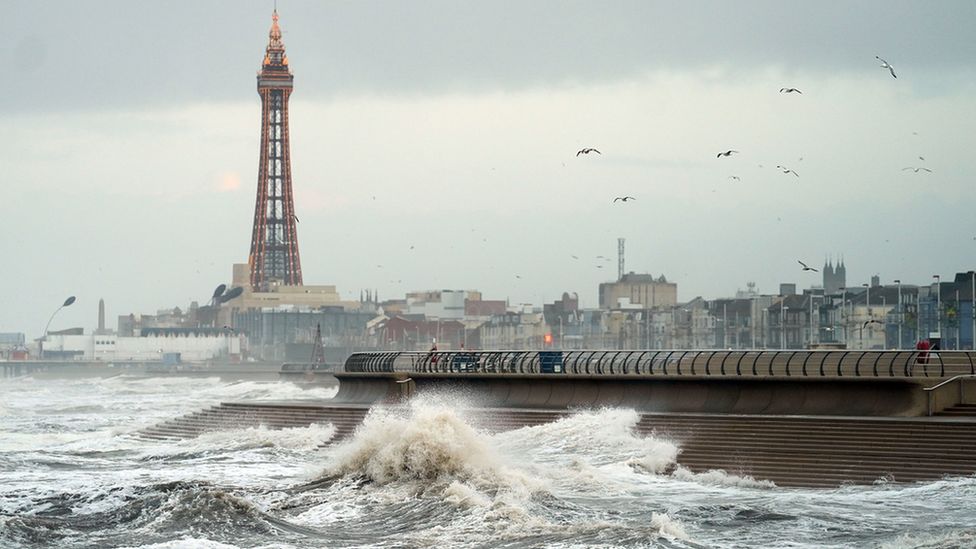 Waves crashing in Blackpool during Storm Isha on 22 January
