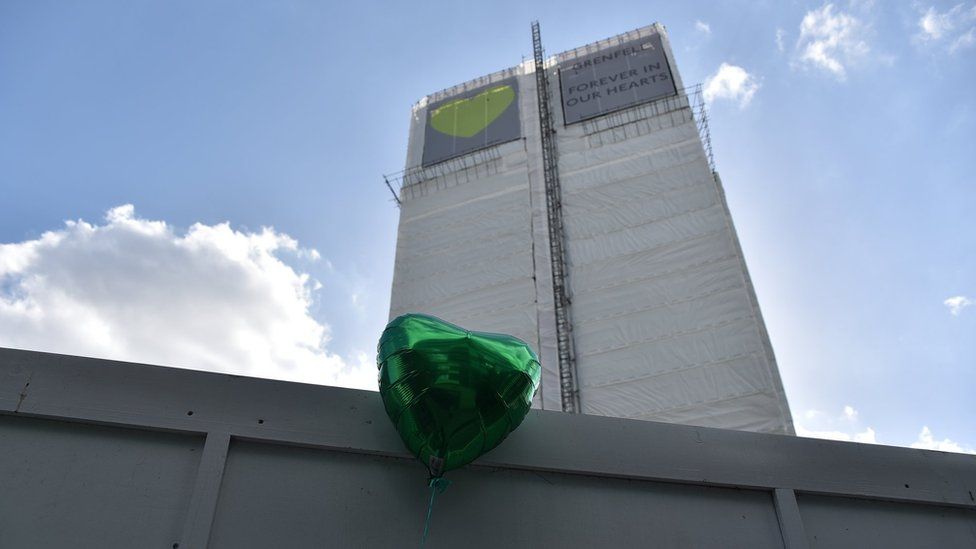 A green balloon by a memorial wall next to Grenfell Tower