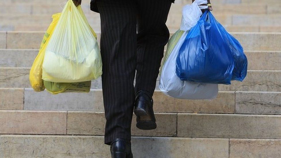 Person carrying plastic bags