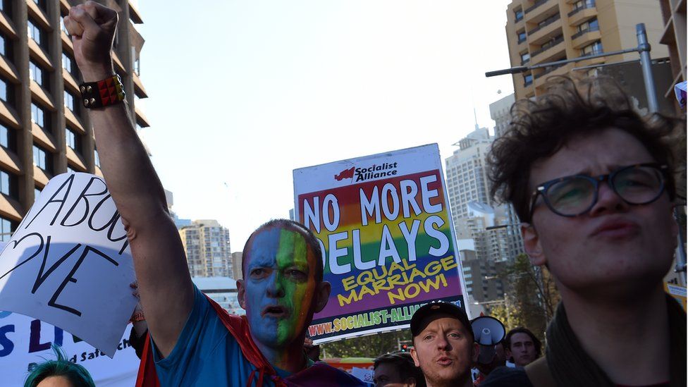 Same-sex marriage supporters march through the streets of the central Sydney