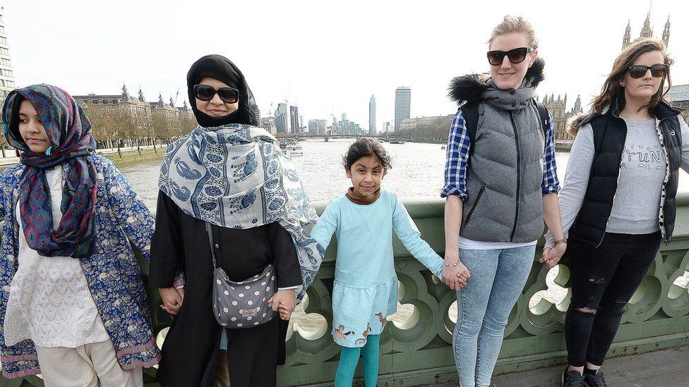 Women holding hands on Westminster Bridge