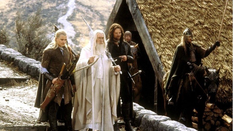Orlando Bloom as Legolas, Viggo Mortensen as Aragorn, and Ian McKellen as Gandalf in The Return of the King