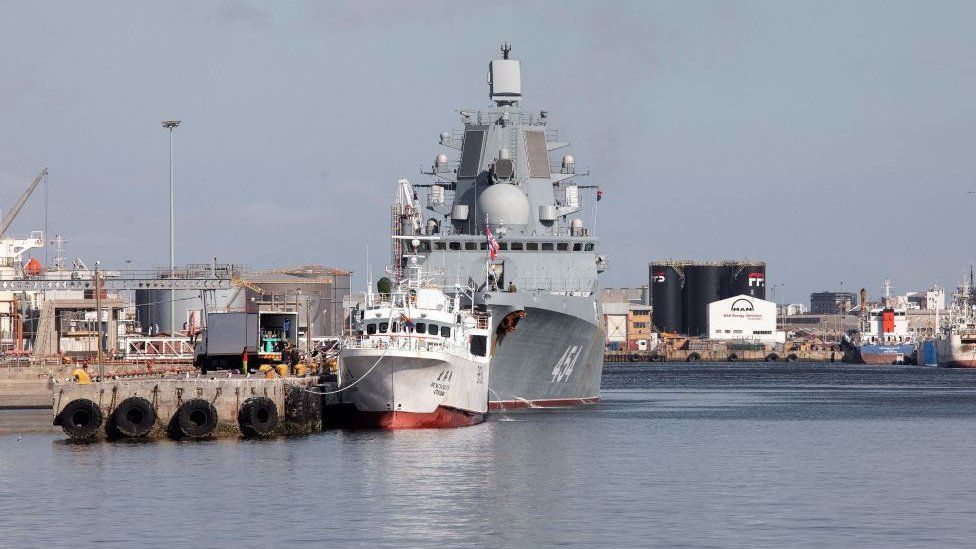 The Russian military frigate 'Admiral Gorshkov' docked in the harbour of Cape Town on February 13, 2023