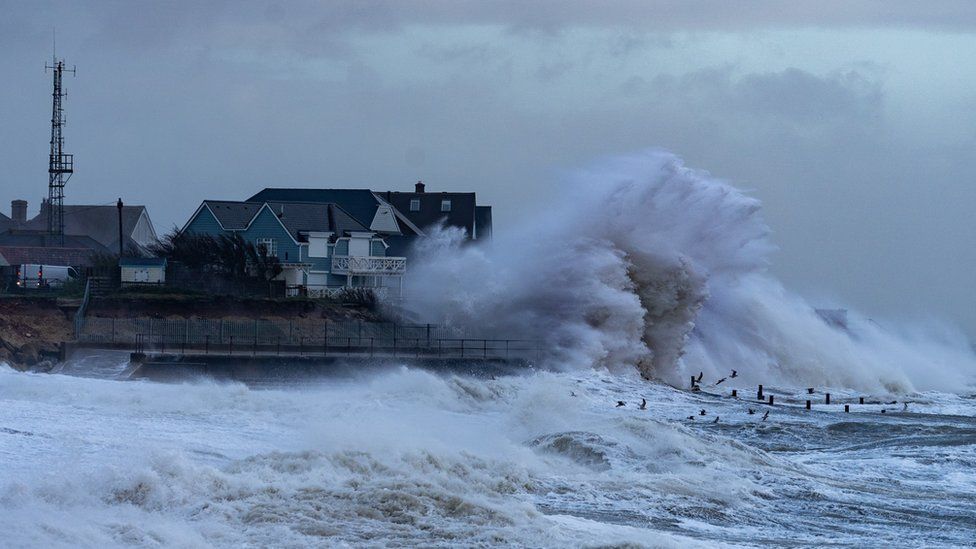 Waves smashing against the shore at Selsey during Storm Henk