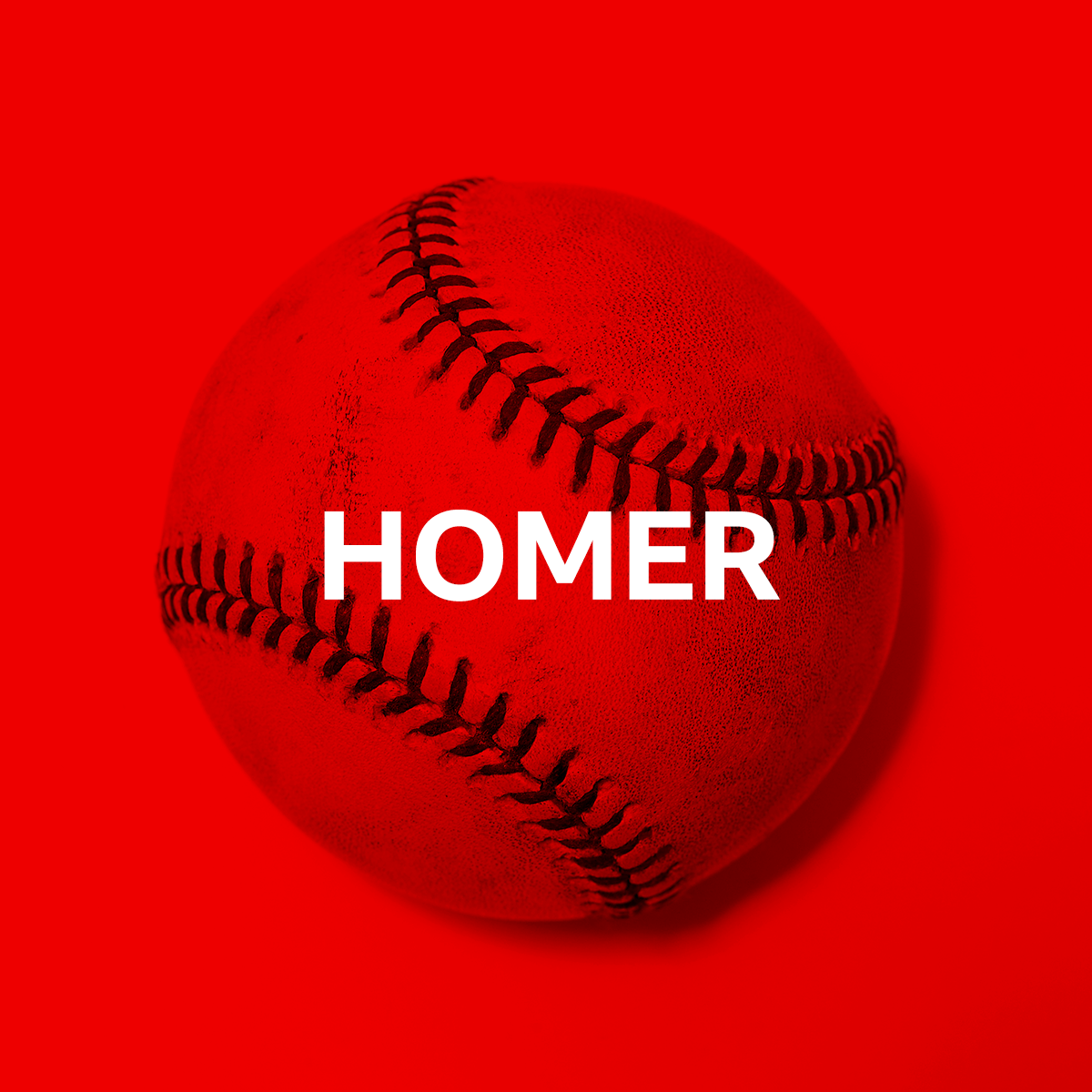 A baseball photographed through a red filter with the word "homer" superimposed on it.