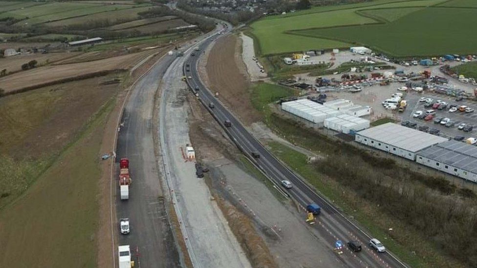 An aerial photo showing the roadworks at Carland Cross in March 2024