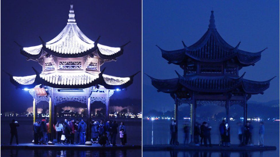 Jixian Pavilion before and after the lights were turned off at the West Lake scenic spot in Hangzhou, Zhejiang province, China