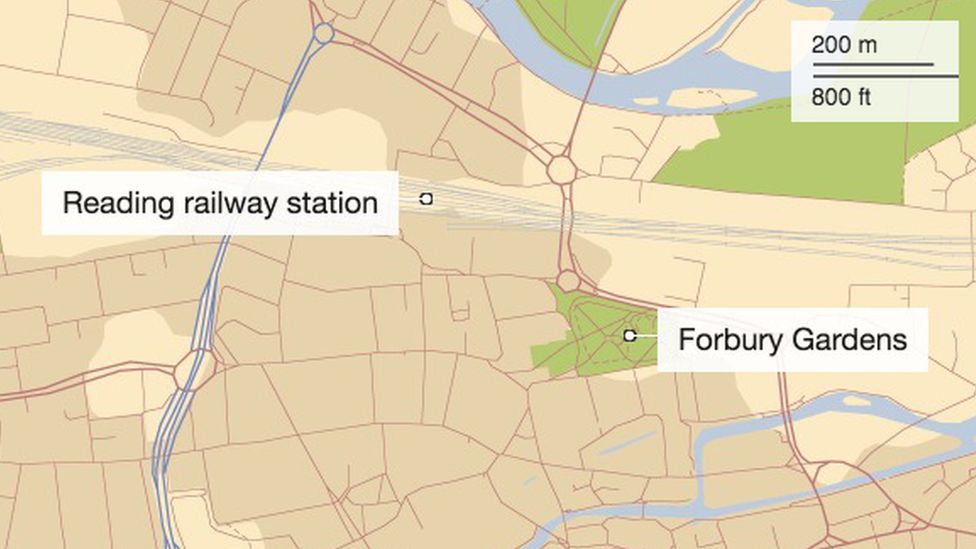 A map showing where Forbury Gardens is in relation to Reading railway station