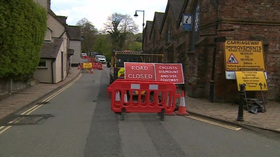 Road closure signs in Ironbridge this month