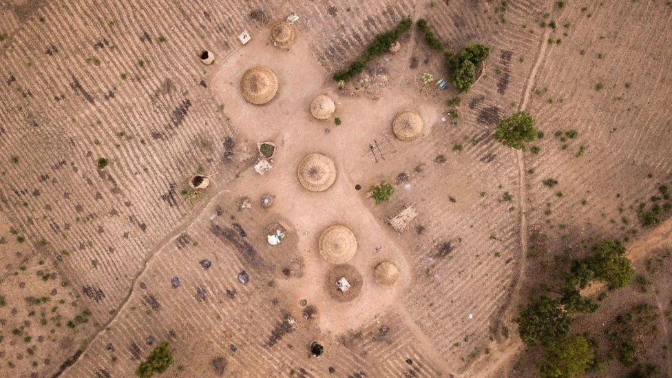Aerial view of a Fulani village in Kachia Grazing Reserve, Kaduna State, Nigeria, on April 18, 2019. Kachia Grazing Reserve is an area set aside for the use of Fulani pastoralist and it is intended to be the foci of livestock development