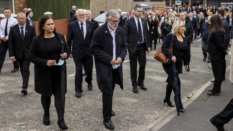 Mary Lou McDonald, Gerry Adams and Michelle O'Neill at the funeral of Bobby Storey