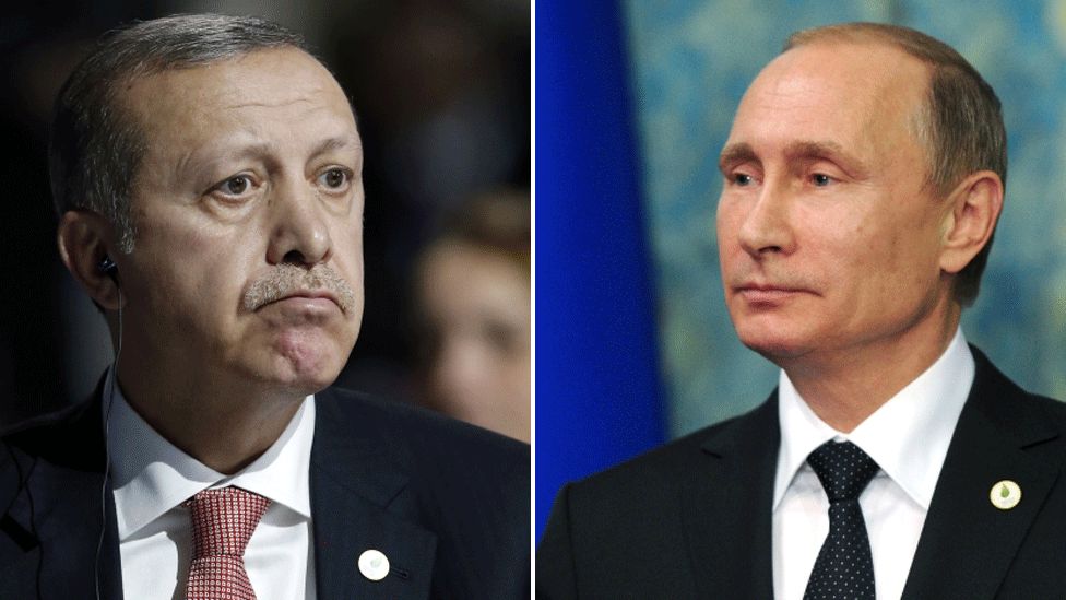 President Recep Tayyip Erdogan (L) and Vladimir Putin
