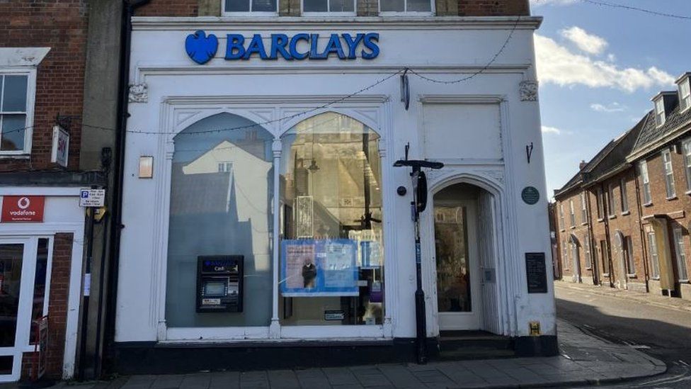 Barclays Bank in Beccles. White building with the blue Barclays logo.